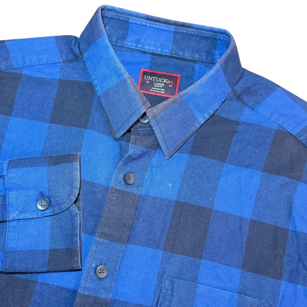 UNTUCKit Gruner Veltliner Slim Fit Blue Buffalo Check Shirt Mens L Long Sleeve